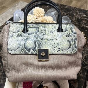 Tory Burch Snakeskin and Taupe Satchel